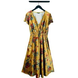 ModCloth Velvet Floral Dress Rose Gold Mustard Cottagecore Whimsigoth Midi L